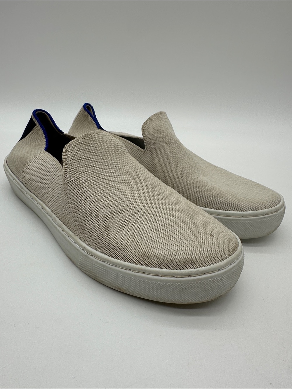 Rothy's Beige Knit Slip-On Sneakers with Navy Trim